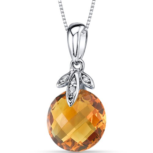 Citrine Pendant Necklace 14 Karat White Gold Round 3.5 Carats