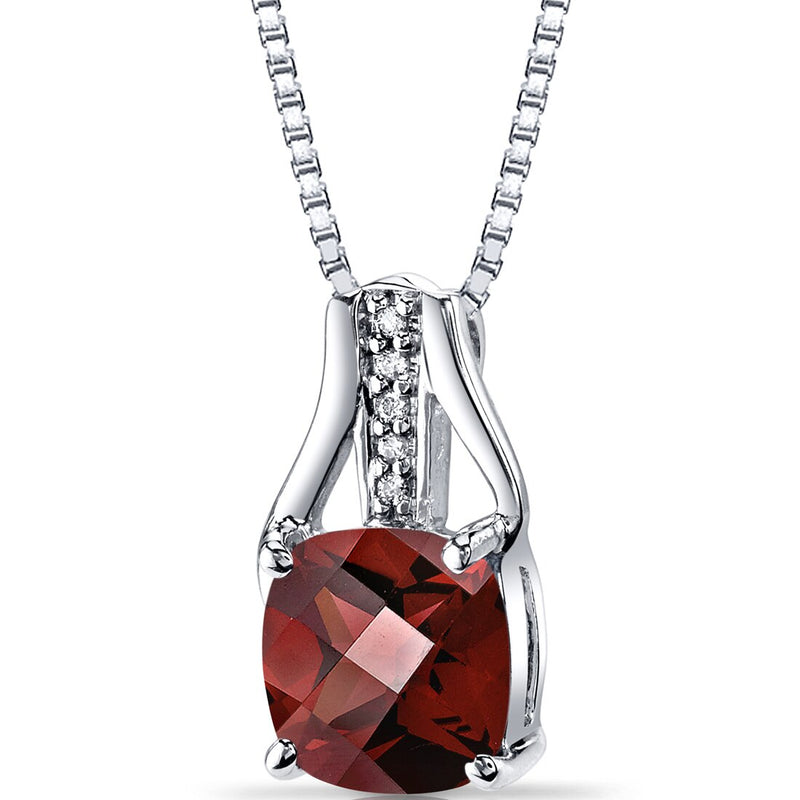 14K White Gold Garnet Diamond Pendant Cushion Checkerboard Cut 2.5 Carats Total