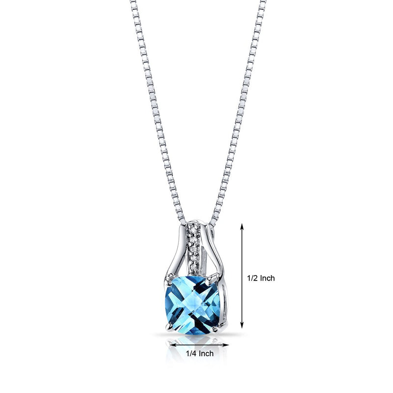 14K White Gold Swiss Blue Topaz Diamond Pendant Cushion Checkerboard Cut 2.5 Carats Total