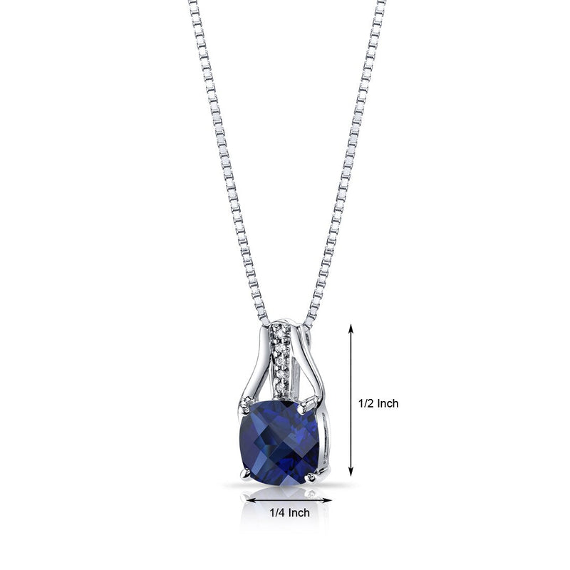 14K White Gold Created Blue Sapphire Diamond Pendant Cushion Checkerboard Cut 3 Carats Total