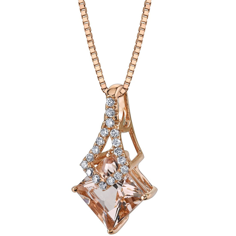 14K Rose Gold Morganite Diamond Pendant 1.50 Carats Princess Shape