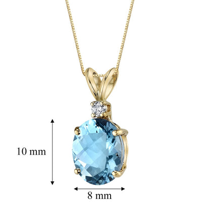 Swiss Blue Topaz and Diamond Pendant Necklace 14K Yellow Gold 3 Carats Oval