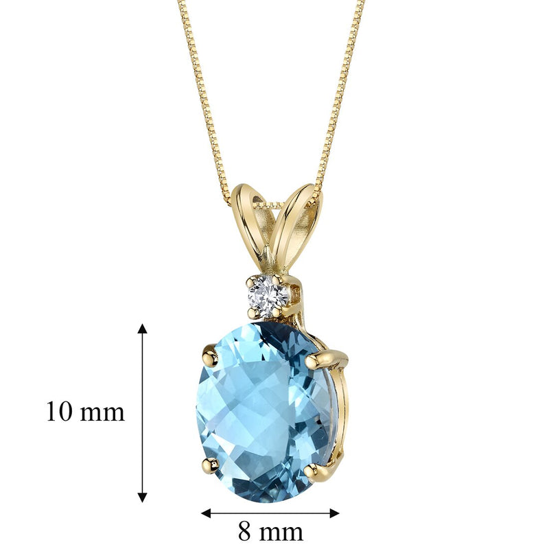 Swiss Blue Topaz and Diamond Pendant Necklace 14K Yellow Gold 3 Carats Oval