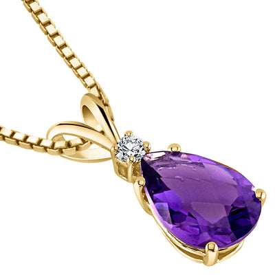 Pear Shape Amethyst and Diamond Pendant Necklace 14K Yellow Gold 1.58 Carats