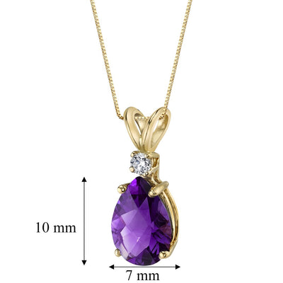 Pear Shape Amethyst and Diamond Pendant Necklace 14K Yellow Gold 1.58 Carats