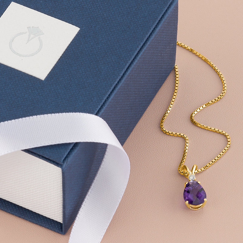 Pear Shape Amethyst and Diamond Pendant Necklace 14K Yellow Gold 1.58 Carats