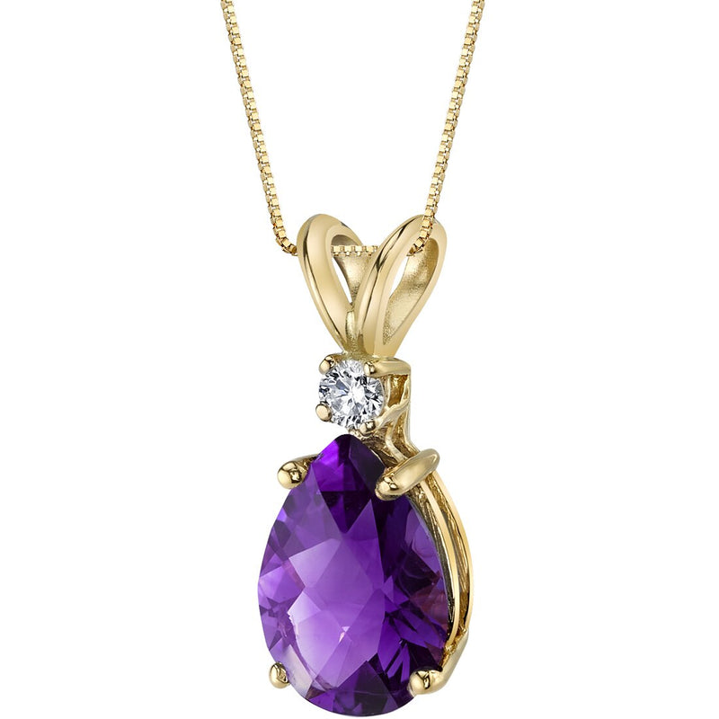 Pear Shape Amethyst and Diamond Pendant Necklace 14K Yellow Gold 1.58 Carats