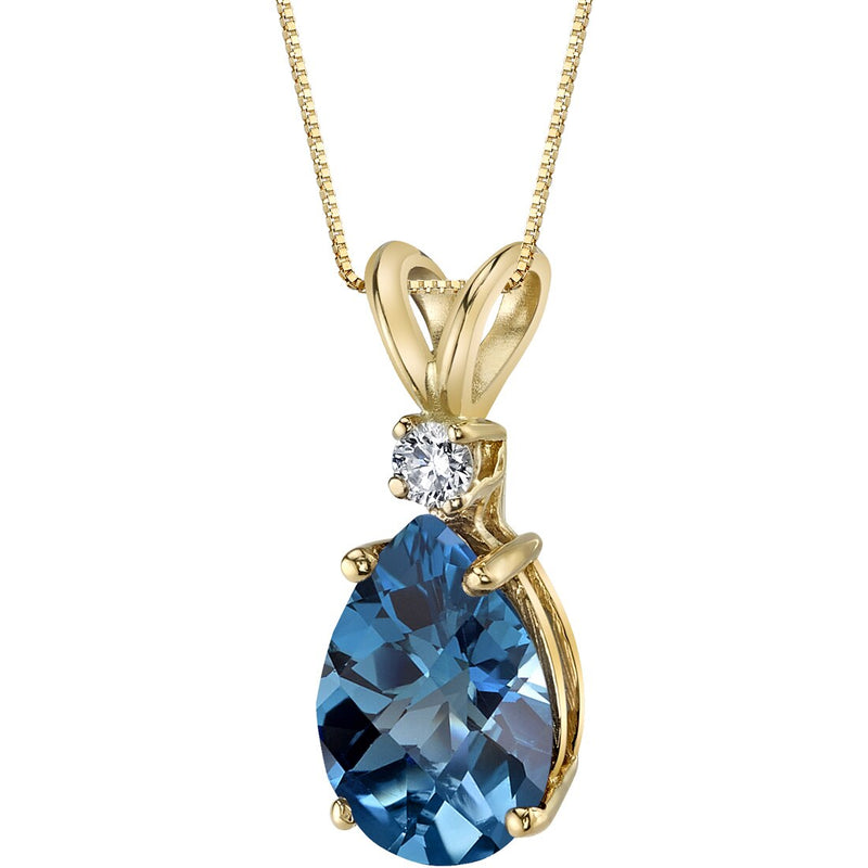 Pear Shape London Blue Topaz and Diamond Pendant Necklace 14K Yellow Gold 2 Carats