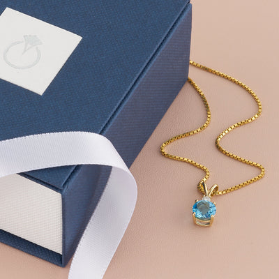 Swiss Blue Topaz and Diamond Pendant Necklace 14K Yellow Gold 1.25 Carat Round