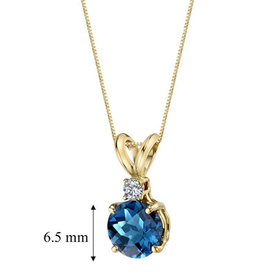 London Blue Topaz and Diamond Pendant Necklace 14K Yellow Gold 1.25 Carats Round