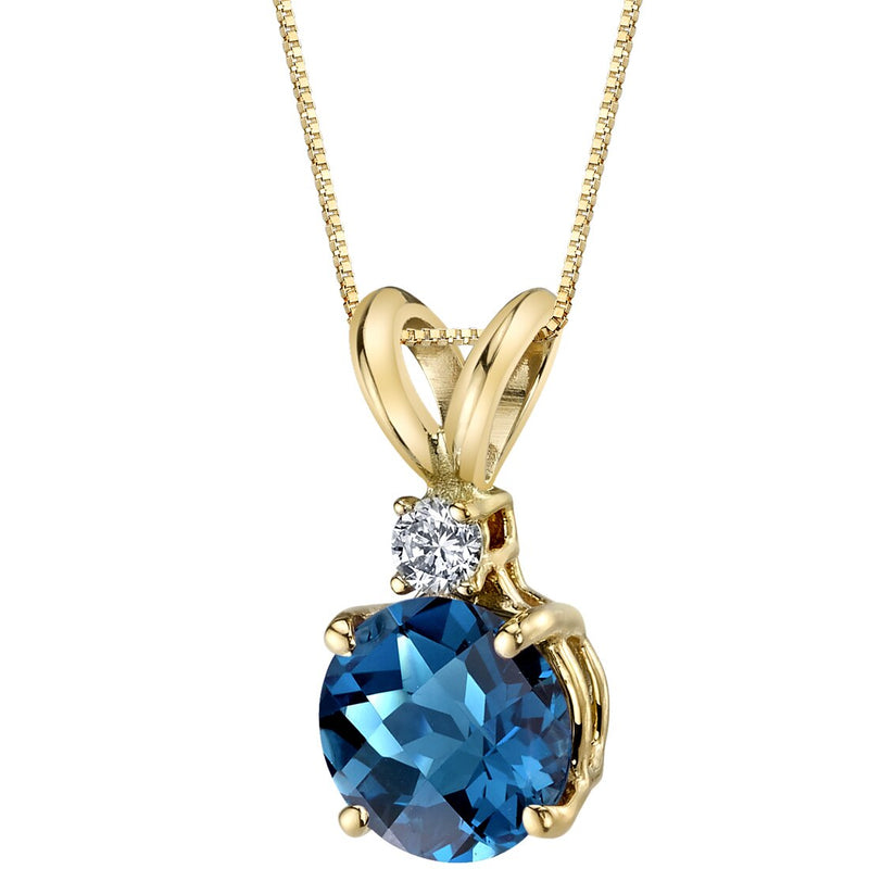 London Blue Topaz and Diamond Pendant Necklace 14K Yellow Gold 1.25 Carats Round