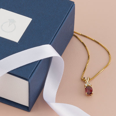 Garnet and Diamond Pendant Necklace 14K Yellow Gold 1 Carat Oval