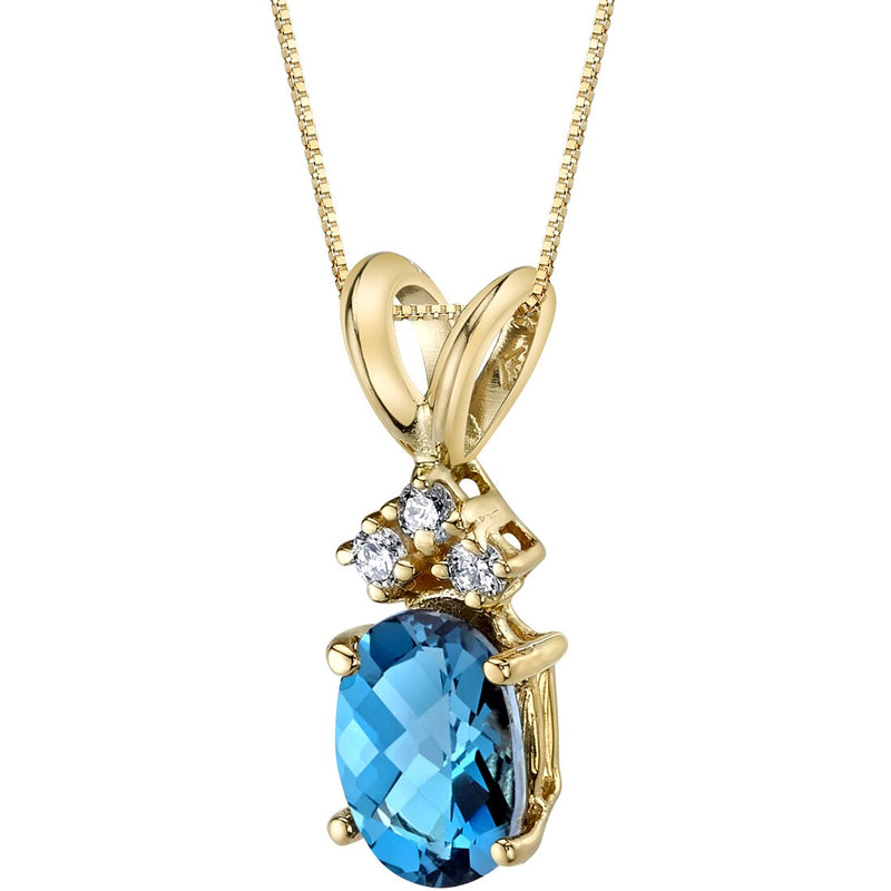 London Blue Topaz and Diamond Pendant Necklace 14K Yellow Gold 1 Carat Oval