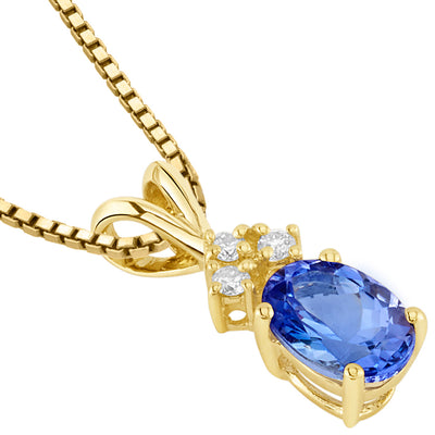 Tanzanite and Diamond Pendant Necklace 14K Yellow Gold Oval Shape