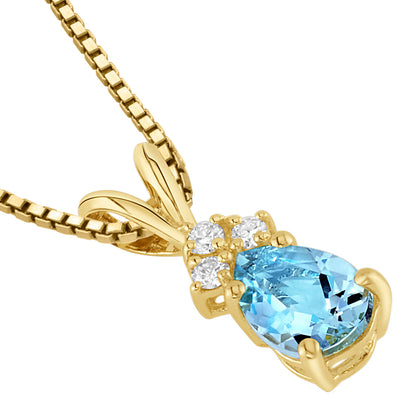 Pear Shape Aquamarine and Diamond Pendant Necklace 14K Yellow Gold