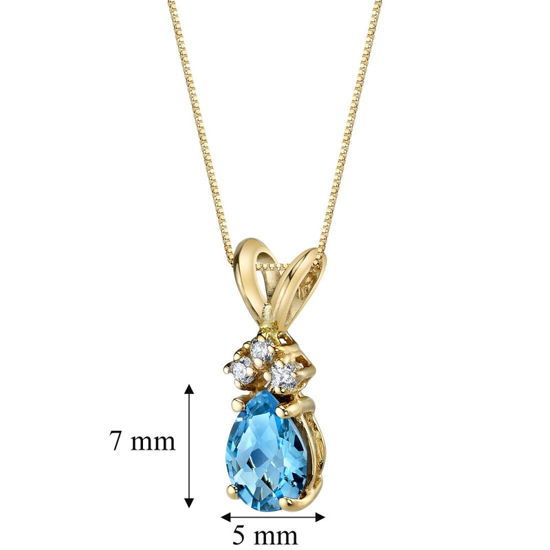 Pear Shape Swiss Blue Topaz and Diamond Pendant Necklace 14K Yellow Gold