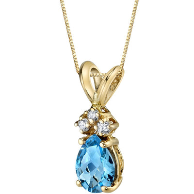 Pear Shape Swiss Blue Topaz and Diamond Pendant Necklace 14K Yellow Gold