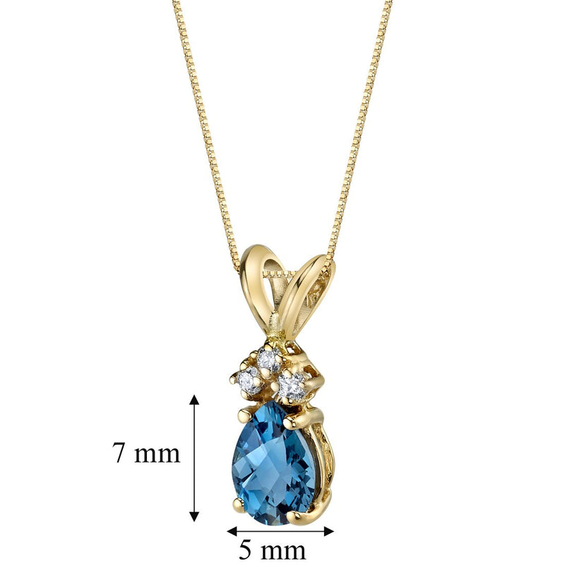 Pear Shape London Blue Topaz and Diamond Pendant Necklace 14K Yellow Gold