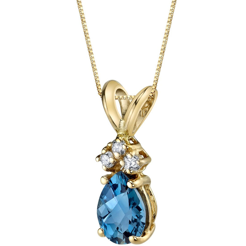 Pear Shape London Blue Topaz and Diamond Pendant Necklace 14K Yellow Gold