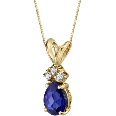 Pear Shape Blue Sapphire and Diamond Pendant Necklace 14K Yellow Gold 1 Carat