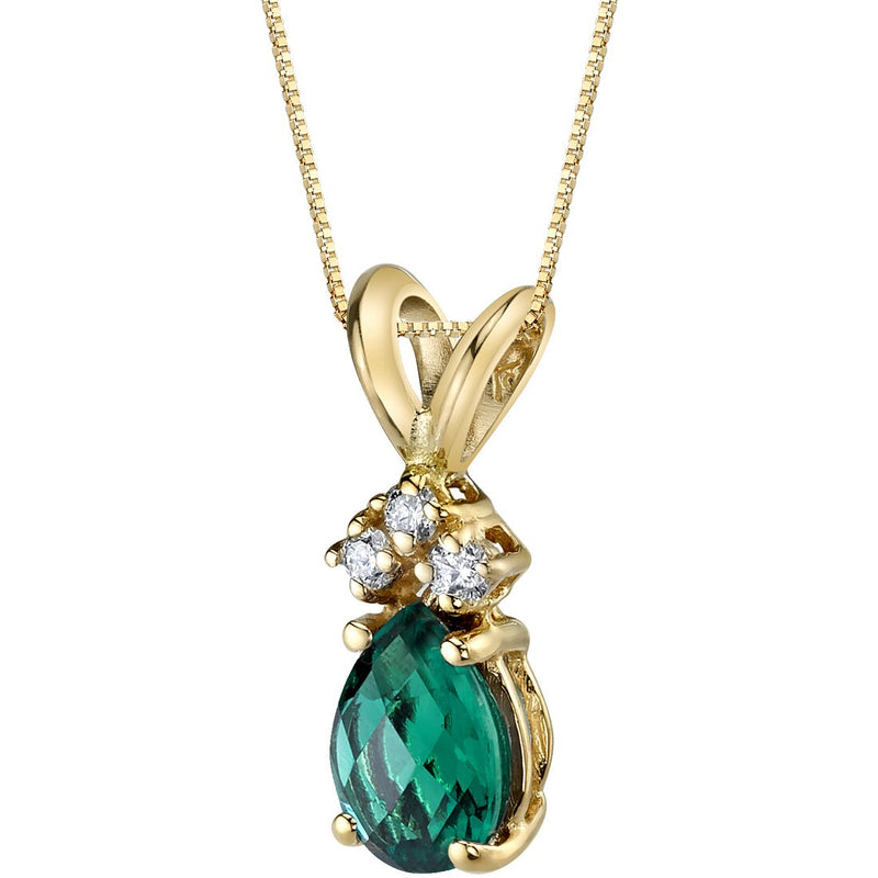 Pear Shape Emerald and Diamond Pendant Necklace 14K Yellow Gold