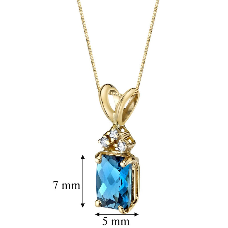 London Blue Topaz and Diamond Pendant Necklace 14K Yellow Gold 1 Carat Radiant Cut