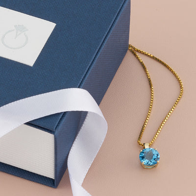 Swiss Blue Topaz Pendant Necklace 14K Yellow Gold Round Shape 2.30 Carats