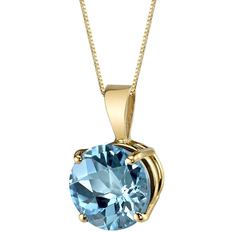 Swiss Blue Topaz Pendant Necklace 14K Yellow Gold Round Shape 2.30 Carats