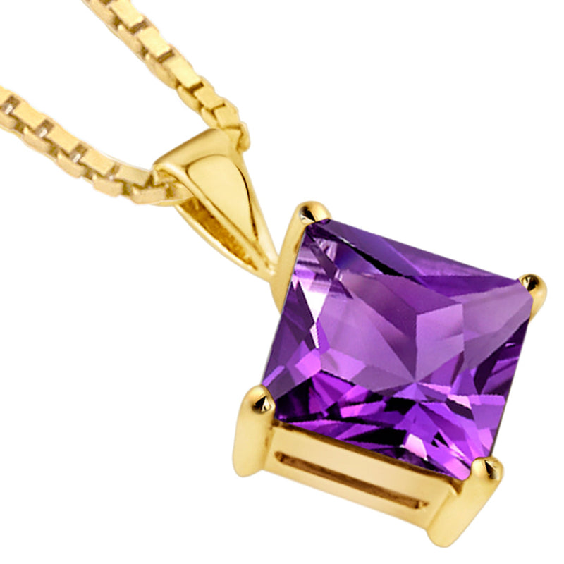 Amethyst Pendant Necklace 14K  Yellow Gold Princess Cut 2 Carats