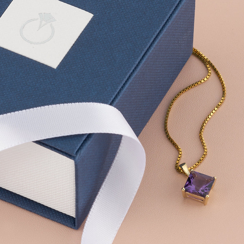 Amethyst Pendant Necklace 14K  Yellow Gold Princess Cut 2 Carats