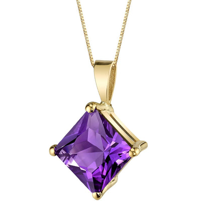 Amethyst Pendant Necklace 14K  Yellow Gold Princess Cut 2 Carats