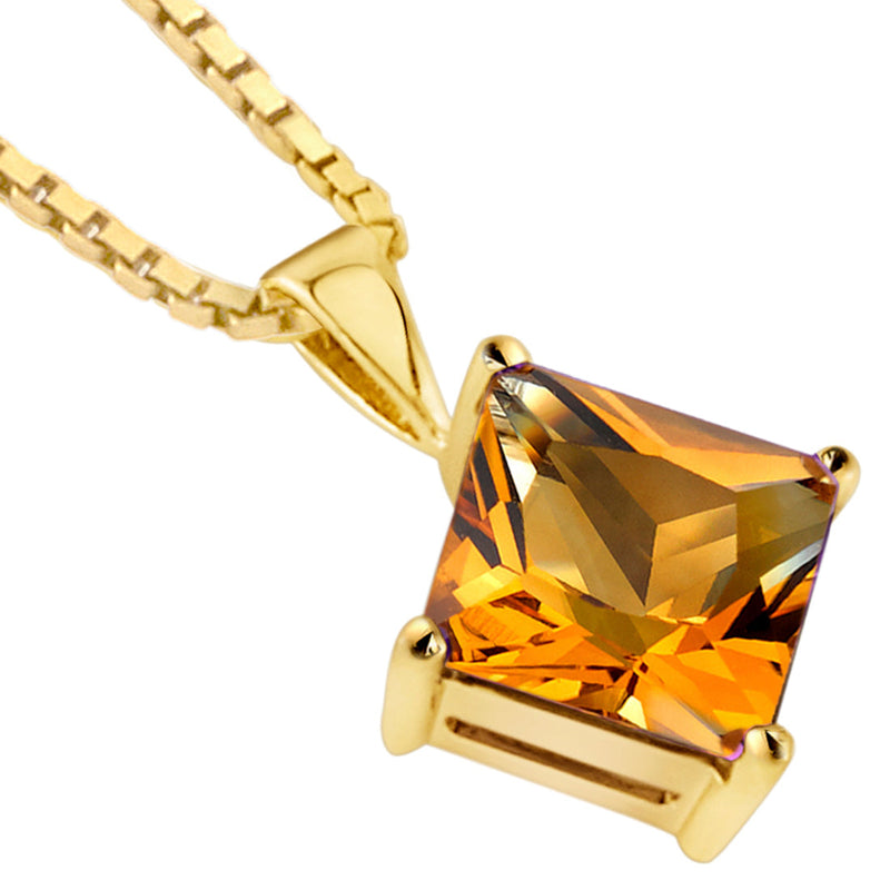 Citrine Pendant Necklace 14K Yellow Gold Princess Cut 2.25 Carats