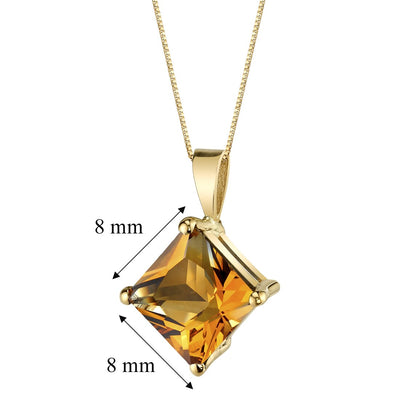 Citrine Pendant Necklace 14K Yellow Gold Princess Cut 2.25 Carats