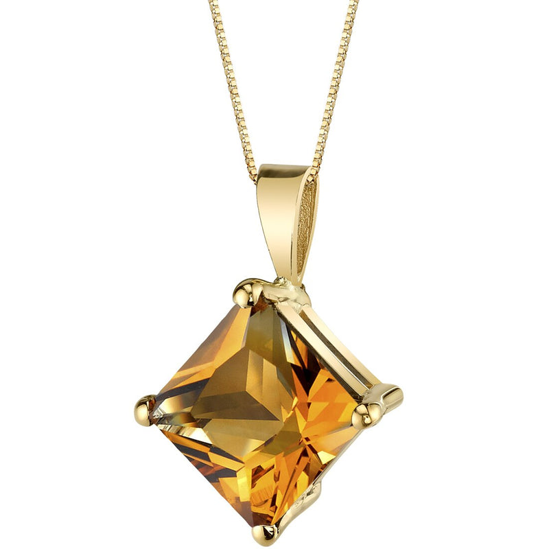 Citrine Pendant Necklace 14K Yellow Gold Princess Cut 2.25 Carats