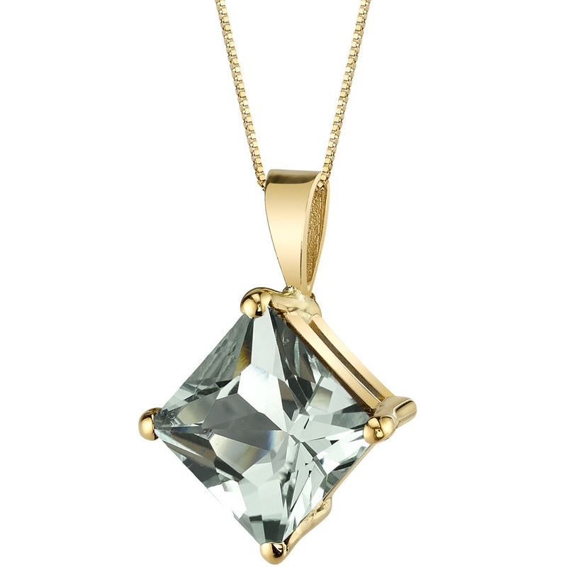 Green Amethyst Pendant Necklace 14K Yellow Gold Princess Cut 2.25 Carats