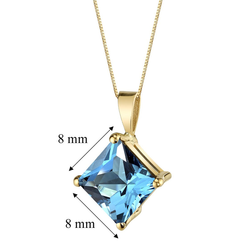 Swiss Blue Topaz Pendant Necklace 14K Yellow Gold Princess Cut 3 Carats