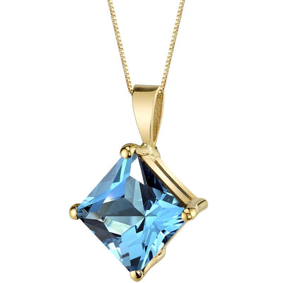 Swiss Blue Topaz Pendant Necklace 14K Yellow Gold Princess Cut 3 Carats