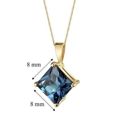 London Blue Topaz Pendant Necklace 14K Yellow Gold Princess Cut 3 Carats