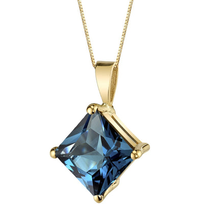 London Blue Topaz Pendant Necklace 14K Yellow Gold Princess Cut 3 Carats