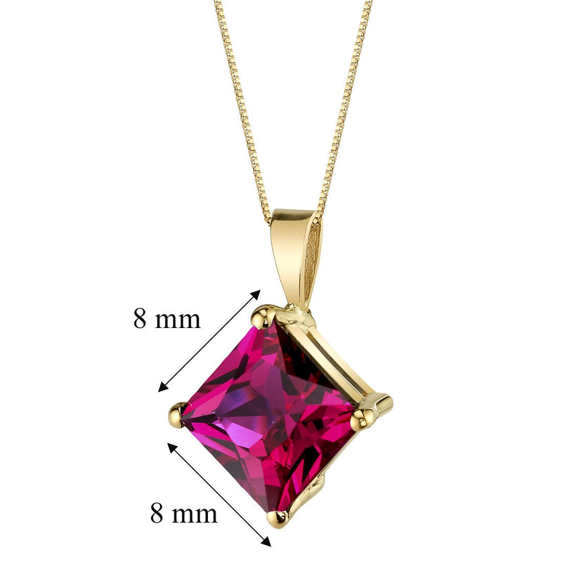 Ruby Pendant Necklace 14K Yellow Gold Princess Cut 3.20 Carats