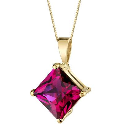 Ruby Pendant Necklace 14K Yellow Gold Princess Cut 3.20 Carats