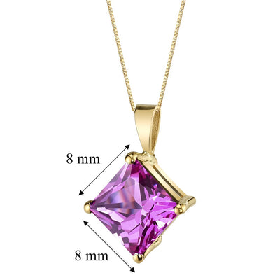 Pink Sapphire Pendant Necklace 14K Yellow Gold Princess Cut 3 Carats