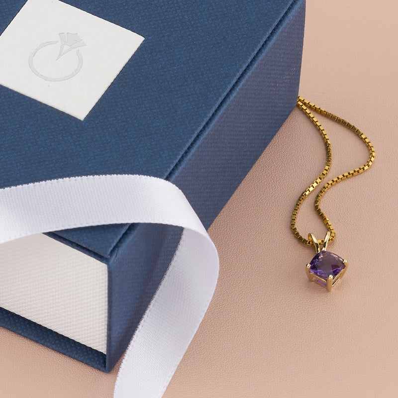 Amethyst Pendant Necklace 14K Yellow Gold Cushion Cut