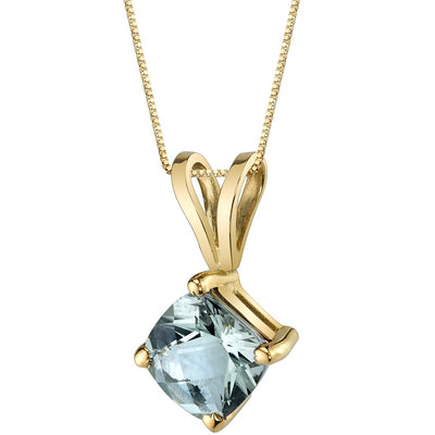 Green Amethyst Pendant Necklace 14K Yellow Gold Cushion Cut