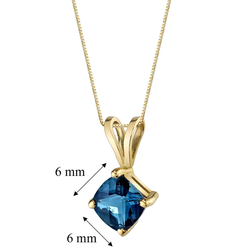 London Blue Topaz Pendant Necklace 14K Yellow Gold Cushion Cut