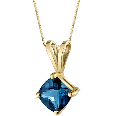 London Blue Topaz Pendant Necklace 14K Yellow Gold Cushion Cut