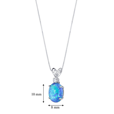 14 Karat White Gold Oval Shape Created Blue Opal Diamond Pendant P9824-dimensions