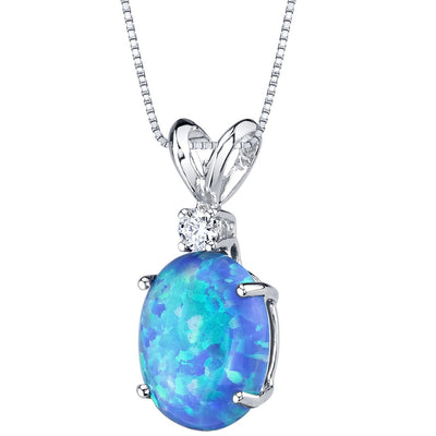 14 Karat White Gold Oval Shape Created Blue Opal Diamond Pendant P9824