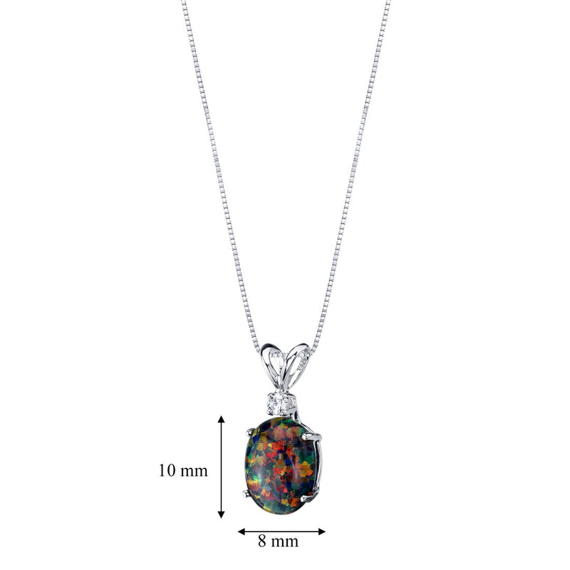 Black Opal and Diamond Pendant Necklace 14K White Gold 1 Carat Oval