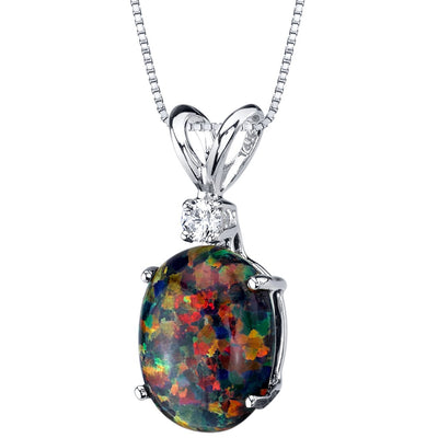 Black Opal and Diamond Pendant Necklace 14K White Gold 1 Carat Oval